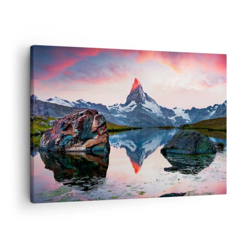 Schilderen op canvas - Een bergtop weerspiegeld in een meer bij zonsondergang - 70x50cm - Het hart van de bergen is heet - Moderne wanddecoratie voor woonkamer en slaapkamer ARTTOR