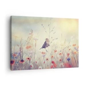 Schilderen op canvas - Een vogel tegen de achtergrond van een kleurrijke weide in pastelkleuren - 70x50cm - Vogelportret met een weiland op de achtergrond - Moderne wanddecoratie voor woonkamer en slaapkamer ARTTOR