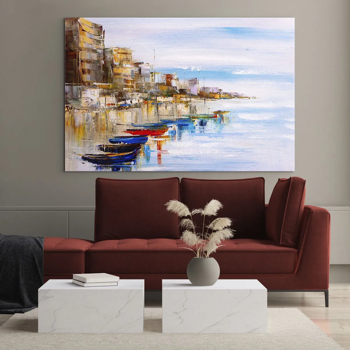 Schilderen op glas - Kleurrijke boten aangemeerd aan de stadskade - 70x50cm - Een veelkleurig stedelijk toevluchtsoord - Moderne wanddecoratie voor woonkamer en slaapkamer ARTTOR
