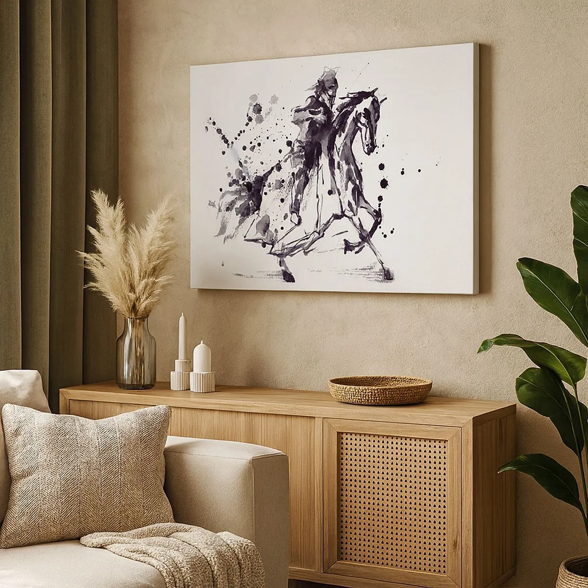 Schilderen op canvas - Zwart-wit aquarel van een ruiter op een galopperend paard - 70x50cm - Zwarte ridder - Moderne wanddecoratie voor woonkamer en slaapkamer ARTTOR