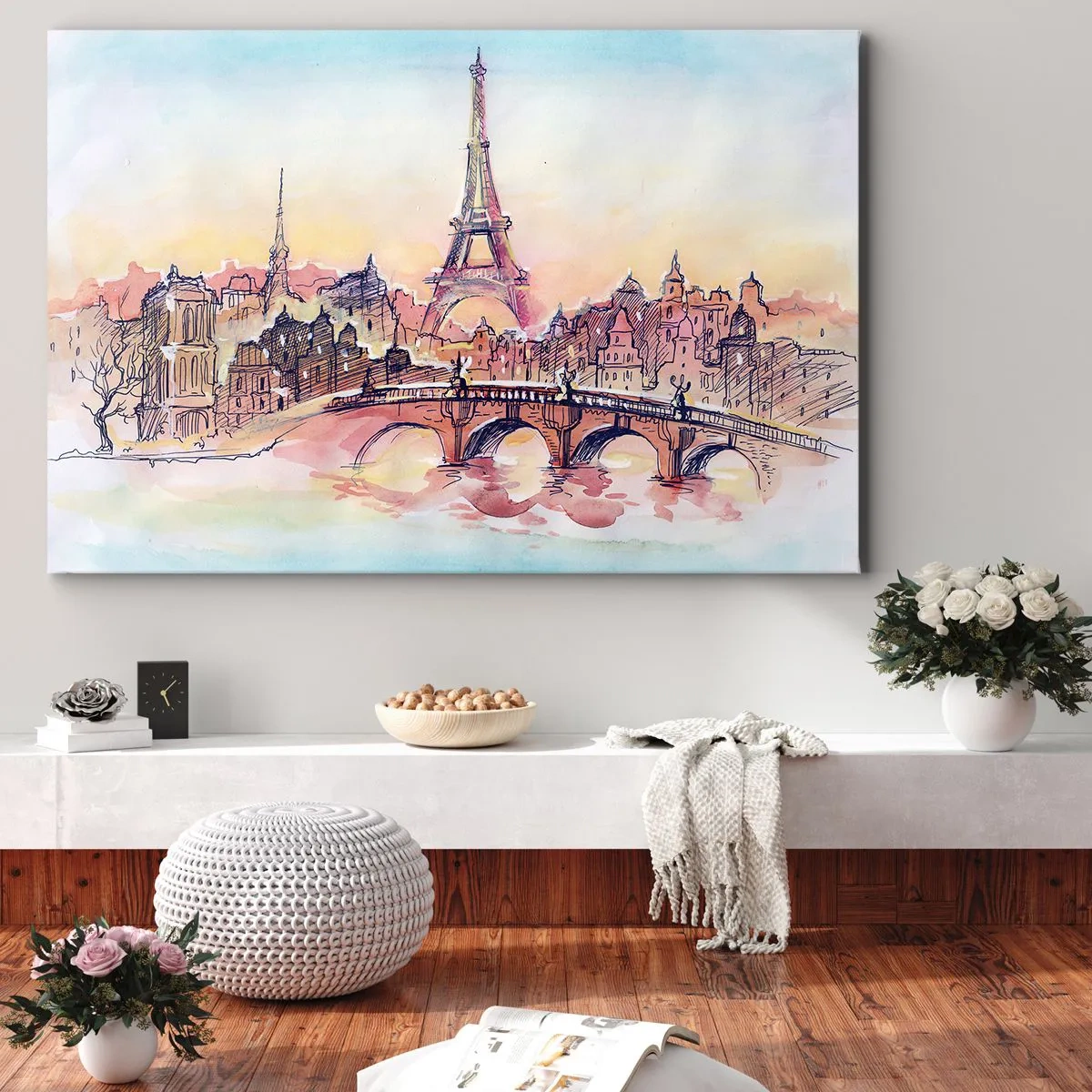Schilderen op canvas - Aquarelpanorama van Parijs met de Eiffeltoren bij zonsondergang - 70x50cm - De enige dergelijke stad ter wereld - Moderne wanddecoratie voor woonkamer en slaapkamer ARTTOR