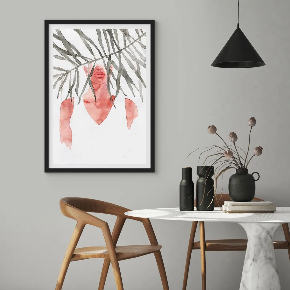 Poster in een zwarte lijst - Aquarelsilhouet van een vrouw verborgen achter bladeren - 50x70cm - Vrouwe van de tropen - Moderne wanddecoratie voor woonkamer en slaapkamer ARTTOR