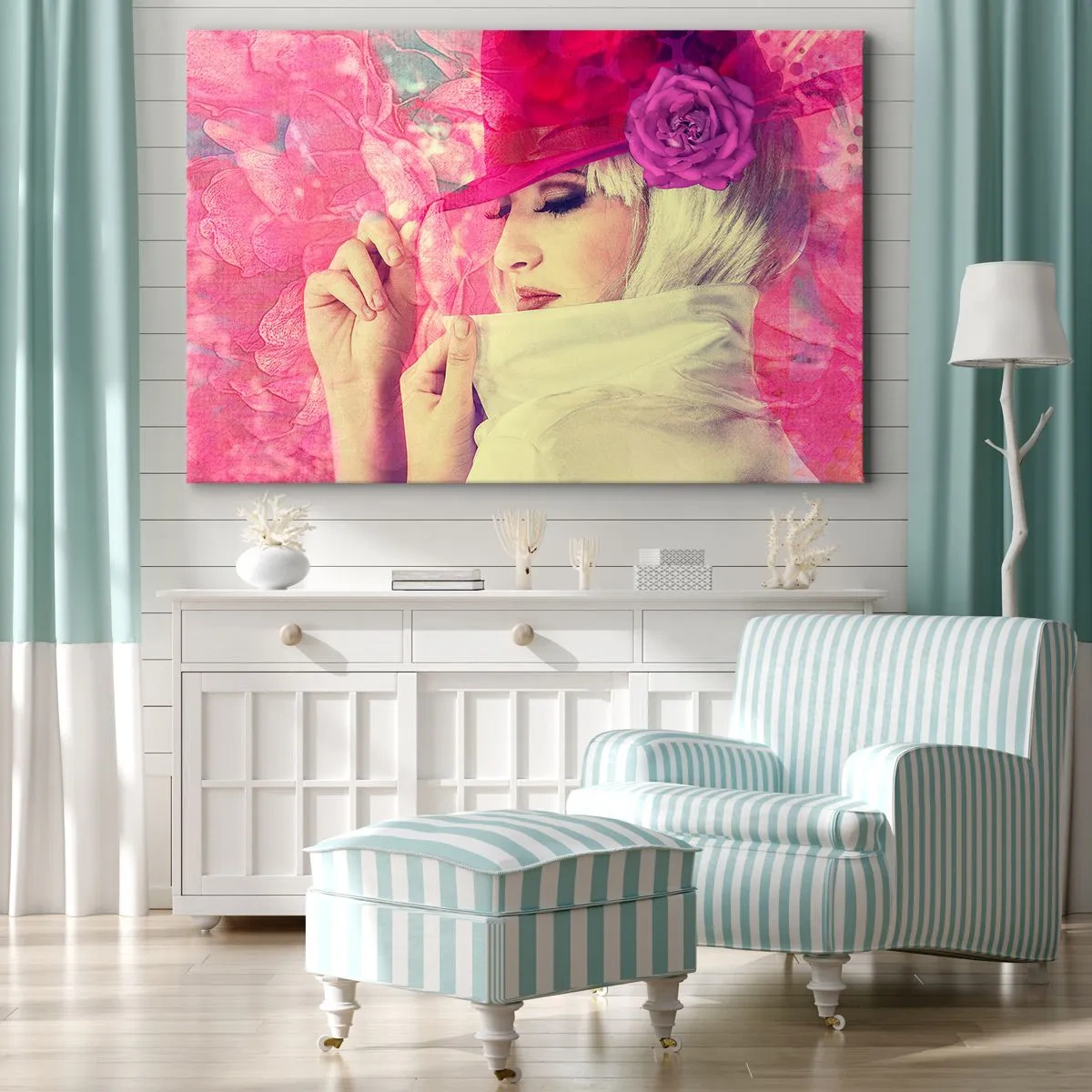 Schilderen op canvas - Stijlvolle vrouw in een roze hoed met een bloem - 70x50cm - Retro portret in een roze mist - Moderne wanddecoratie voor woonkamer en slaapkamer ARTTOR