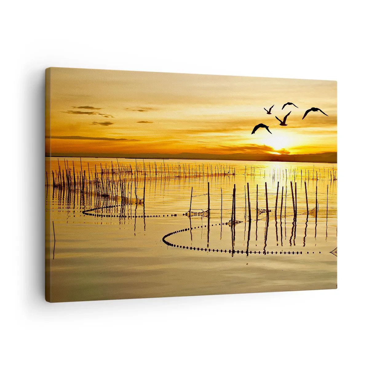 Schilderen op canvas - Zonsondergang boven het water met vogels in vlucht - 70x50cm - In de visserij - Moderne wanddecoratie voor woonkamer en slaapkamer ARTTOR