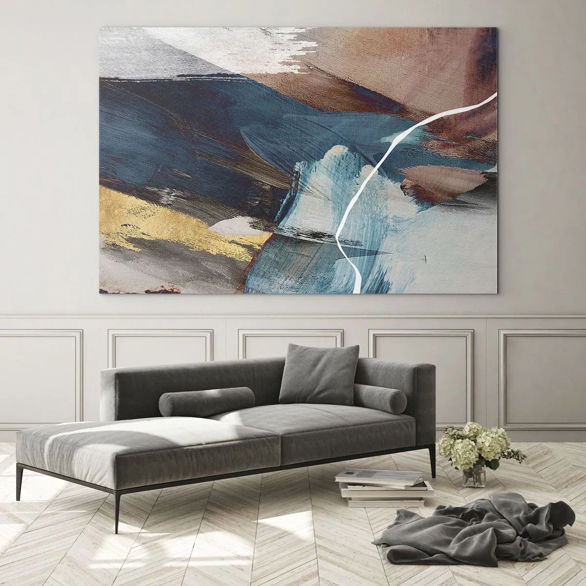 Schilderen op glas - Een abstracte compositie in turquoise, goud en bruin. - 70x50cm - Met panache en energie - Moderne wanddecoratie voor woonkamer en slaapkamer ARTTOR