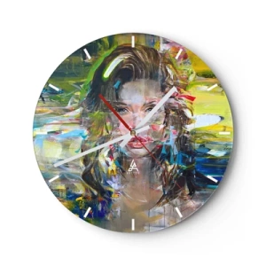 Wandklok - Klok - Artistiek portret van een vrouw in kleurrijke abstractie - 30x30cm - Achter de lucht een gordijn - Moderne wanddecoratie voor woonkamer, keuken en slaapkamer ARTTOR