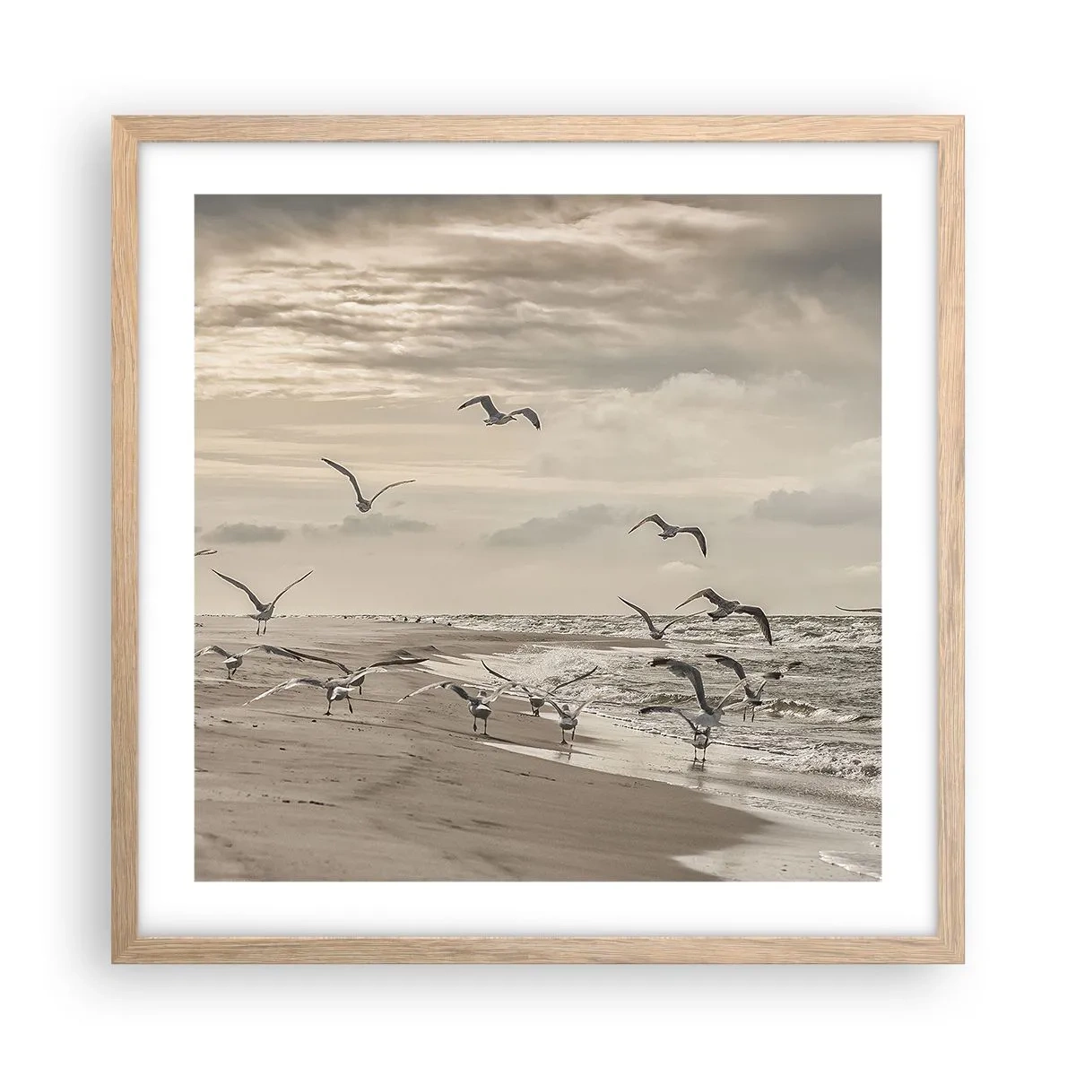 Een poster in een licht eiken lijst - Het geluid van de zee, het zingen van vogels - 50x50 cm
