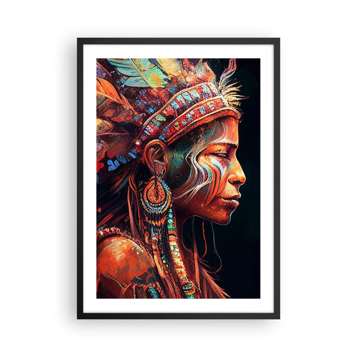 Poster in een zwarte lijst - Portret van een vrouw met een traditionele verentooi - 50x70cm - Magisch ritueel - Moderne wanddecoratie voor woonkamer en slaapkamer ARTTOR