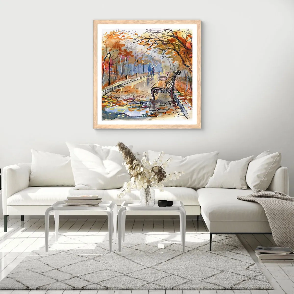 Een poster in een licht eiken lijst - Samen wandelen in de herfst - 60x60 cm