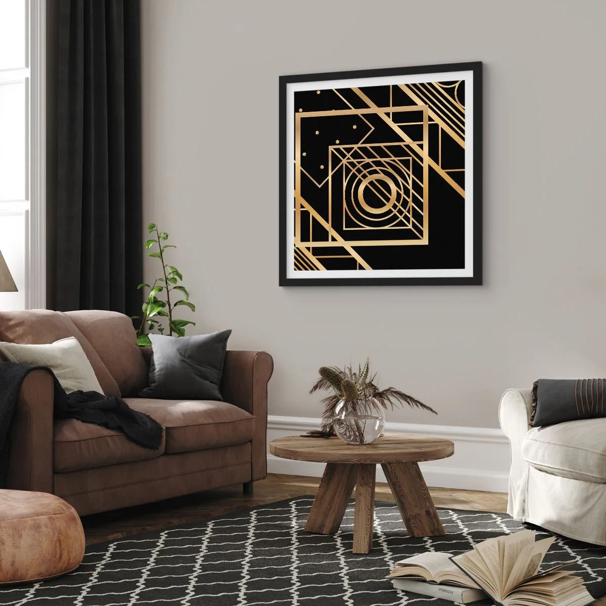 Poster in een zwarte lijst - Gouden geometrie - 30x30 cm