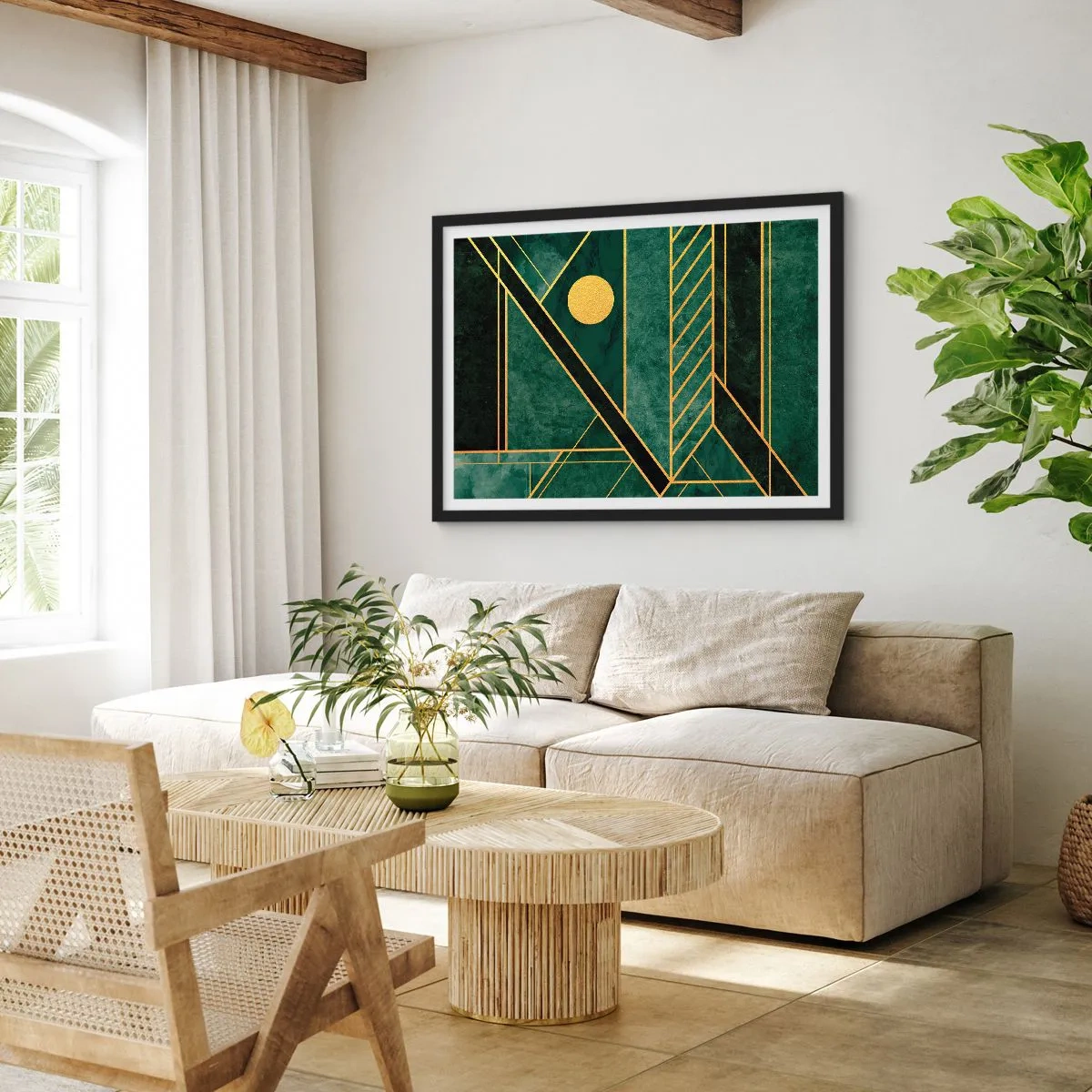 Poster in een zwarte lijst - Dynamiek van goud en azuur - 100x70 cm