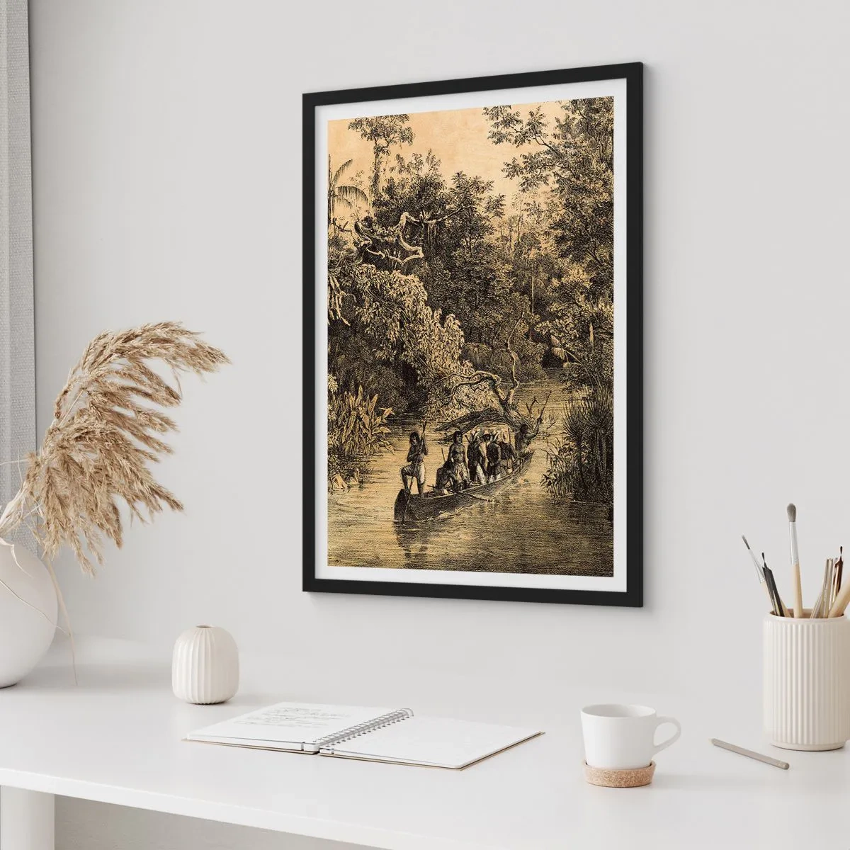 Poster in een zwarte lijst - Een gravure van een tropisch bos en een boot op een rivier - 50x70cm - Expeditie naar de bron - Moderne wanddecoratie voor woonkamer en slaapkamer ARTTOR