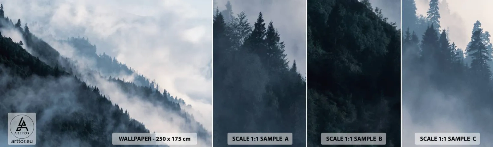 Fotobehang Monster Zelfklevend Deluxe Sticker - Mystiek van de bergen - Landschap, Bergen, Woud - 100x30 cm