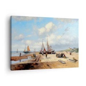 Schilderen op canvas - Vissersboten op het strand met menselijke figuren - 70x50cm - Na een geslaagde vangst - Moderne wanddecoratie voor woonkamer en slaapkamer ARTTOR