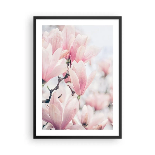 Poster in een zwarte lijst - Roze magnolia's in een subtiele lentesetting - 50x70cm - Het ideaal van subtiliteit - Moderne wanddecoratie voor woonkamer en slaapkamer ARTTOR