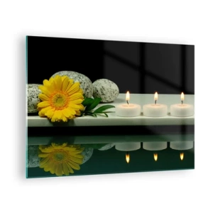 Schilderen op glas - Kaarsen, stenen en een gele bloem weerspiegeld in het water - 70x50cm - Zintuigen kalmeren - Moderne wanddecoratie voor woonkamer en slaapkamer ARTTOR