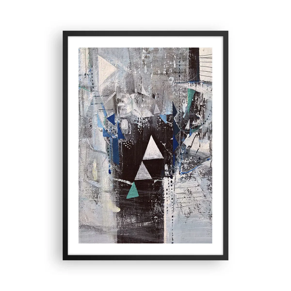 Poster in een zwarte lijst - Abstracte geometrische compositie in tinten grijs en blauw - 50x70cm - Overschrijvende volgorde van driehoeken - Moderne wanddecoratie voor woonkamer en slaapkamer ARTTOR