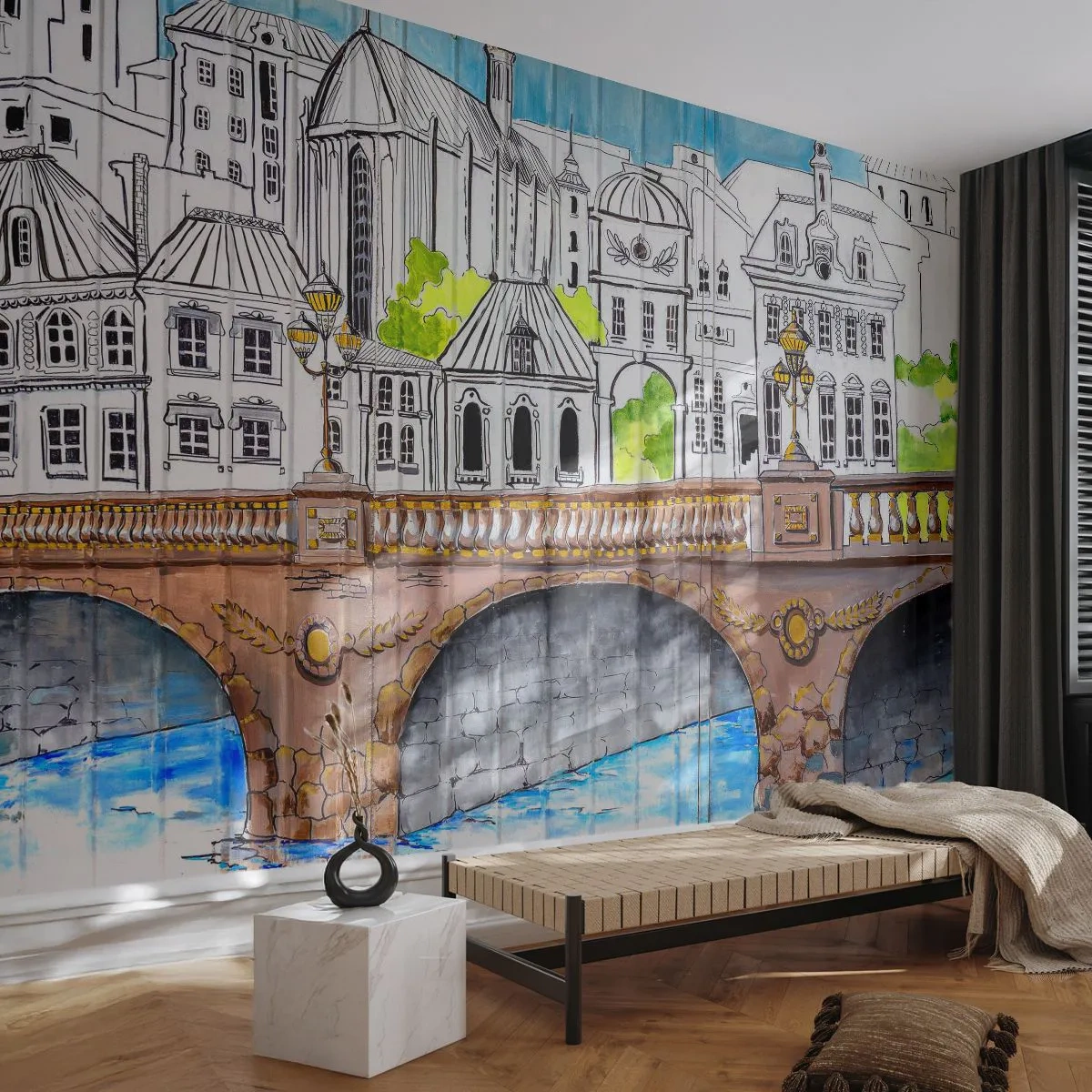 Fotobehang Premium Canvas - De stad als geschilderd - Graffiti, Frankrijk, Architectuur - 450x315 cm