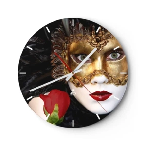 Wandklok - Klok - Gouden Venetiaans masker met een rode roos - 30x30cm - Het leven is een grote bal  - Moderne wanddecoratie voor woonkamer, keuken en slaapkamer ARTTOR