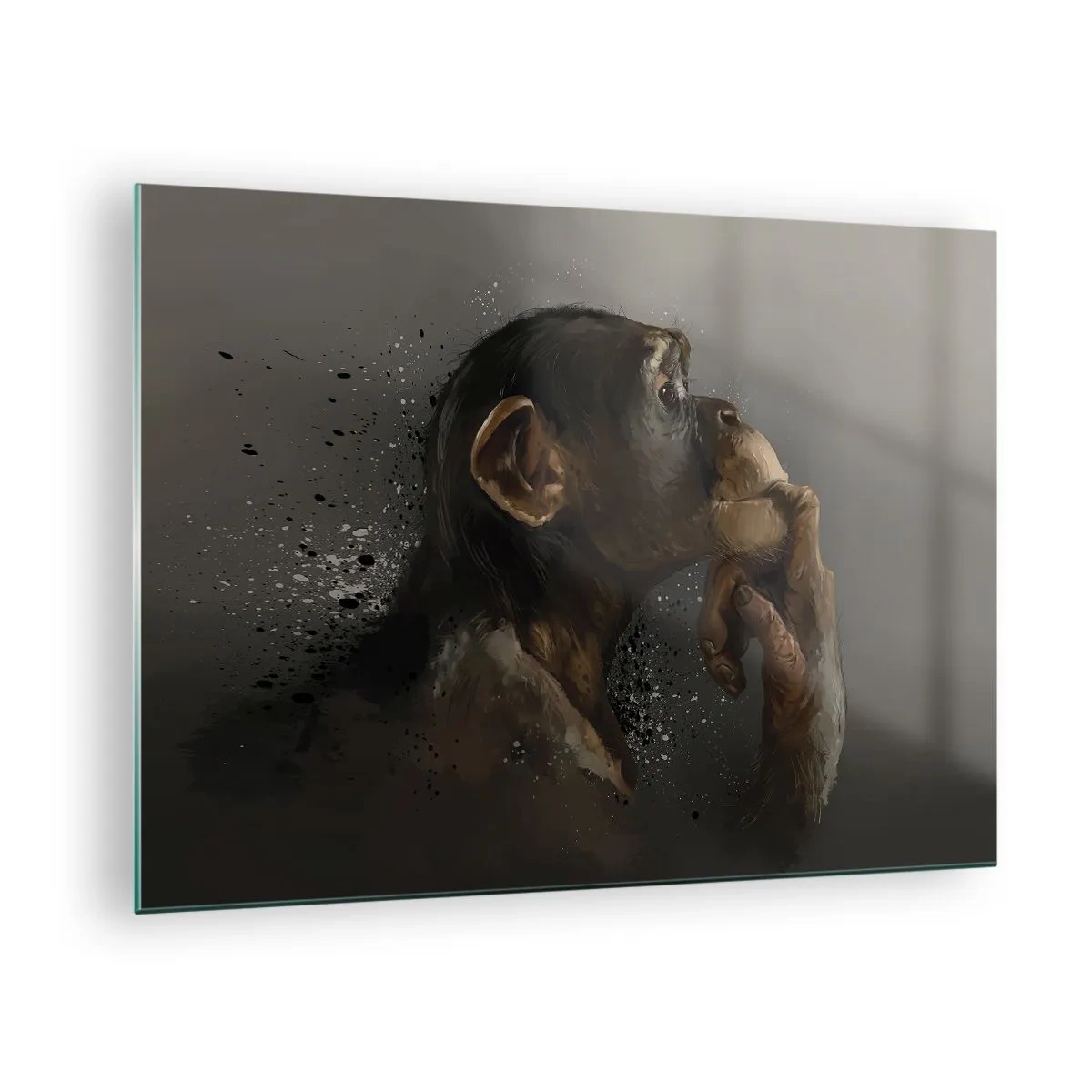 Schilderen op glas - Een aap die nadenkend kijkt tegen een donkere achtergrond met een spettereffect - 70x50cm - Zeker een denker - Moderne wanddecoratie voor woonkamer en slaapkamer ARTTOR
