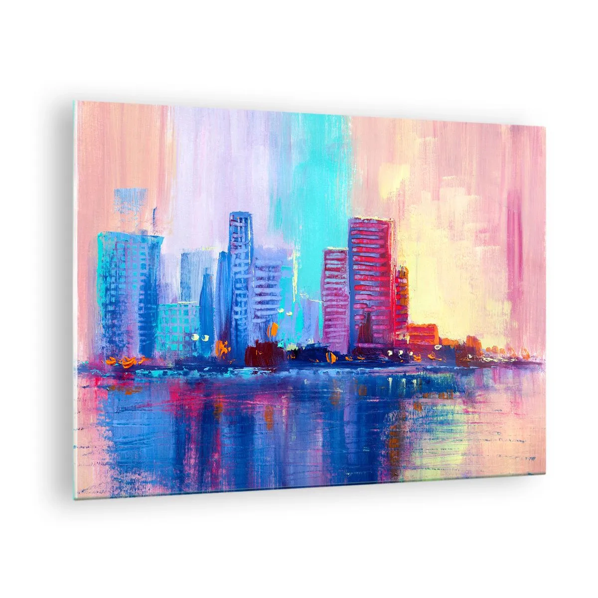 Schilderen op glas - Een moderne stad met intense kleuren weerspiegeld in het water - 70x50cm - Badend in kleuren - Moderne wanddecoratie voor woonkamer en slaapkamer ARTTOR