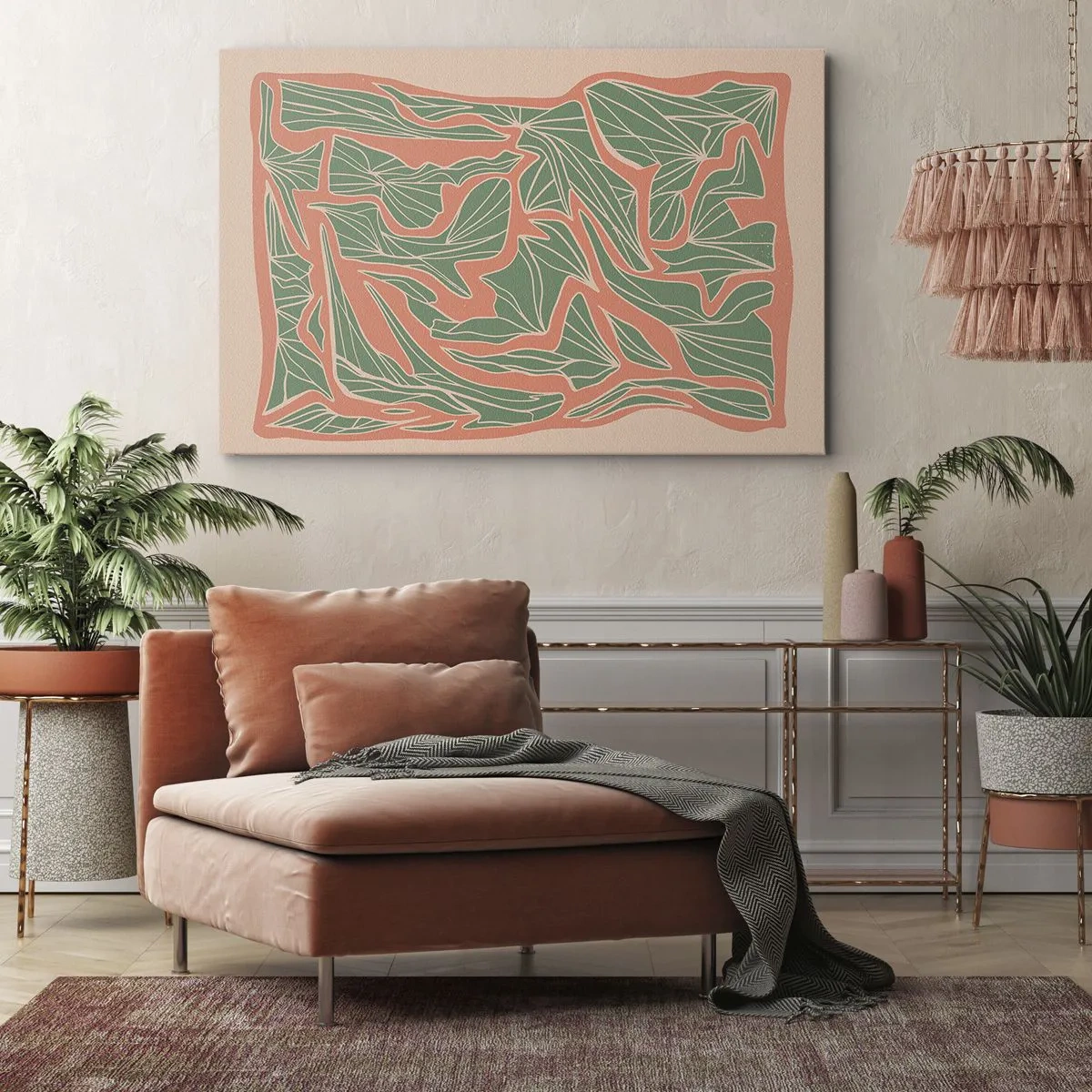 Schilderen op canvas - Een plantenpatroon in tinten groen en oranje - 70x50cm - De strijd tussen koraal en groen - Moderne wanddecoratie voor woonkamer en slaapkamer ARTTOR