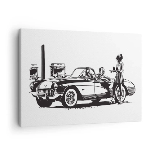 Schilderen op canvas - Een zwart-wit retrotafereel met een auto en een serveerster op rolschaatsen. - 70x50cm - 60e - zorgeloos Amerika - Moderne wanddecoratie voor woonkamer en slaapkamer ARTTOR