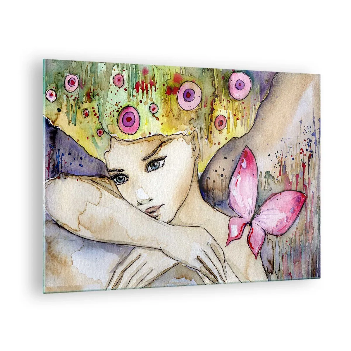 Schilderen op glas - Portret van een vrouw met kleurrijk kapsel en een vlinder in aquarel - 70x50cm - Vlinderprinses - Moderne wanddecoratie voor woonkamer en slaapkamer ARTTOR