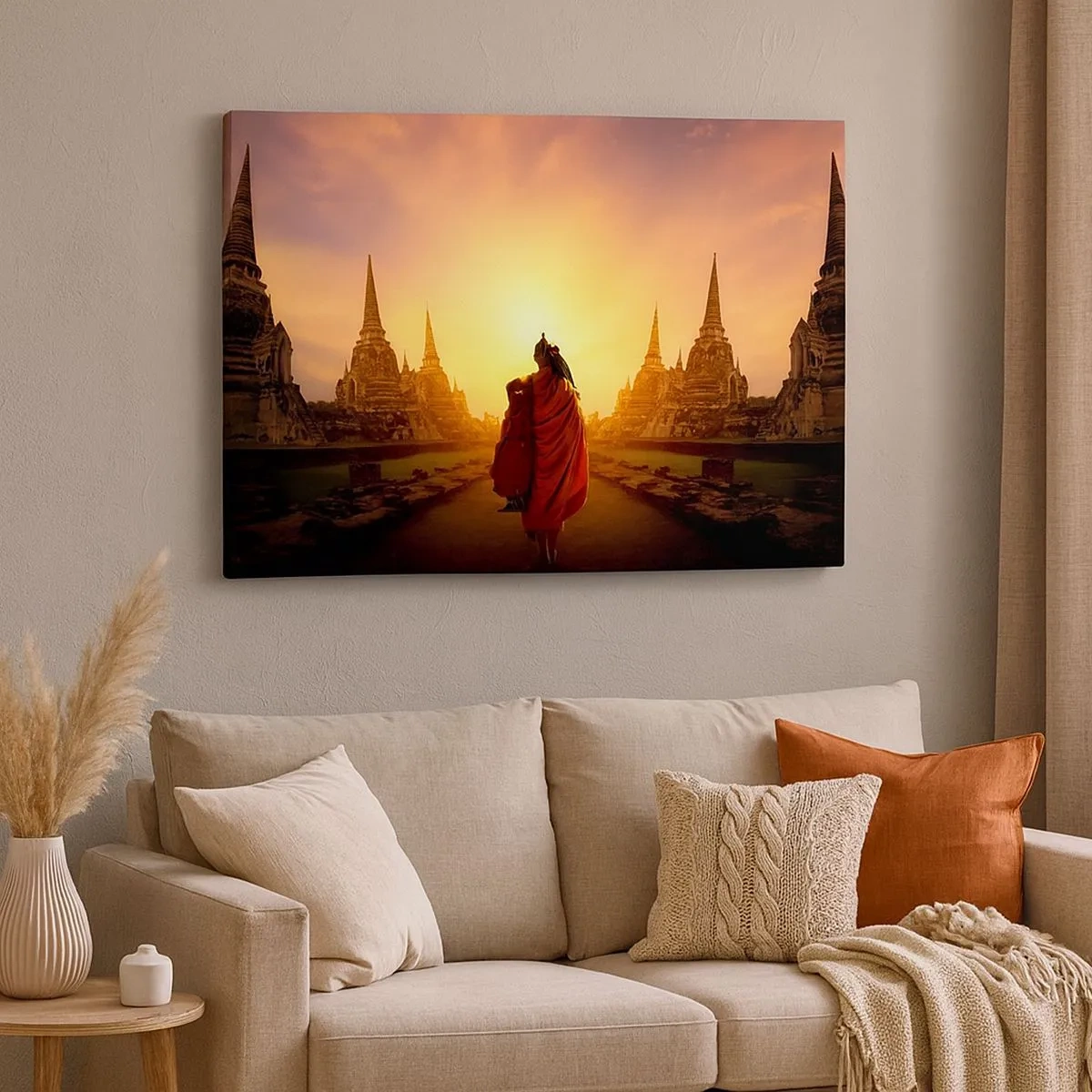 Schilderen op canvas - Een monnik tussen de tempels bij zonsondergang - 70x50cm - In vrede voor de eeuwigheid - Moderne wanddecoratie voor woonkamer en slaapkamer ARTTOR