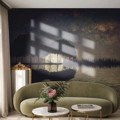 Fotobehang Premium Canvas - Nacht aan het einde van de wereld - Landschap, Meer, Maan - 350x256 cm