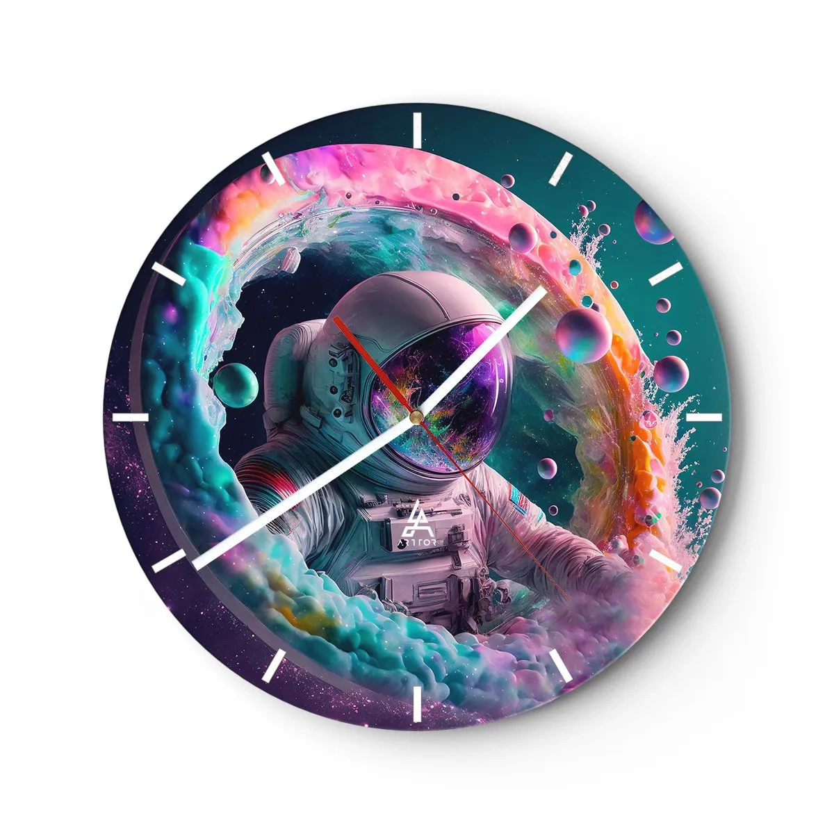Wandklok - Klok - Astronaut te midden van kosmische kleuren en portaalachtige effecten - 30x30cm - Sterrenpoort - Moderne wanddecoratie voor woonkamer, keuken en slaapkamer ARTTOR