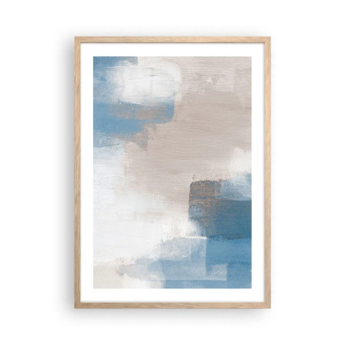 Een poster in een licht eiken lijst - Roze abstractie achter een blauw gordijn - 50x70 cm