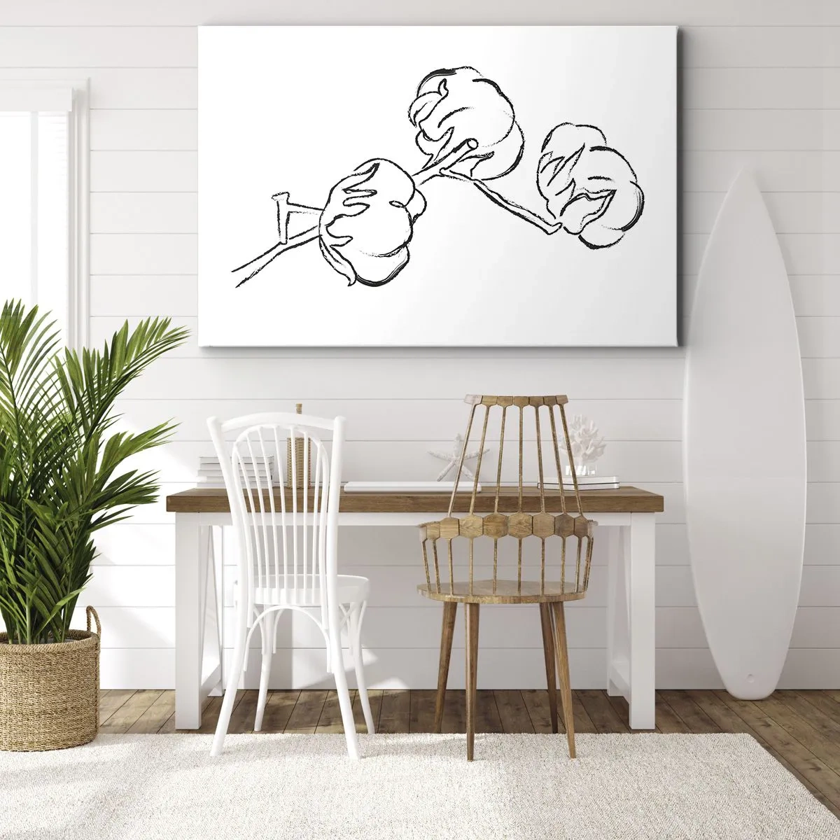 Schilderen op canvas - Een delicate omtrek van een katoentak op een witte achtergrond - 70x50cm - Katoen dons - Moderne wanddecoratie voor woonkamer en slaapkamer ARTTOR