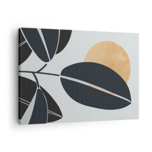 Schilderen op canvas - Een minimalistisch bladmotief met een felle zon op de achtergrond. - 70x50cm - Hete zomerdag - Moderne wanddecoratie voor woonkamer en slaapkamer ARTTOR
