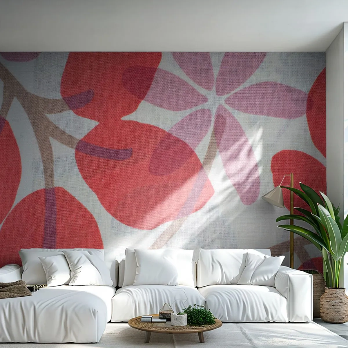 Fotobehang Standard Eco - Bloemenpatroon in rood en roze op een lichte achtergrond - 100x70cm - Bloemstuk in roze - Moderne wanddecoratie voor woonkamer en slaapkamer ARTTOR