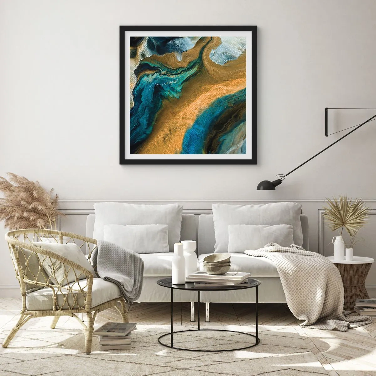 Poster in een zwarte lijst - Blauw - geel - wederzijdse invloeden - 30x30 cm