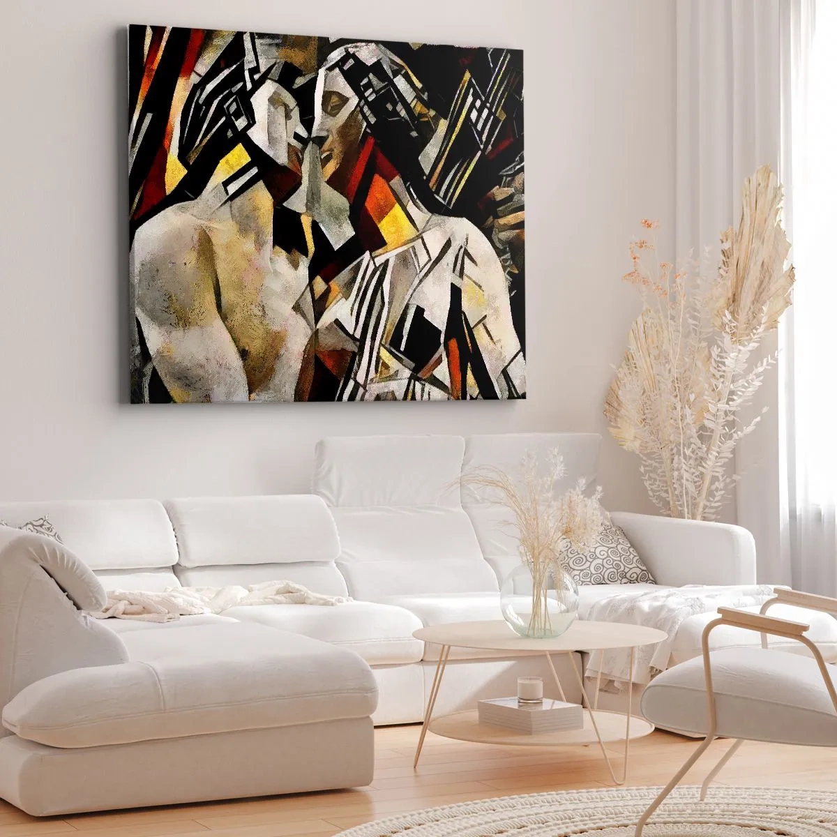 Schilderen op canvas - Abstracte compositie met silhouetten in een dynamische vorm - 70x50cm - Een statige kus - Moderne wanddecoratie voor woonkamer en slaapkamer ARTTOR