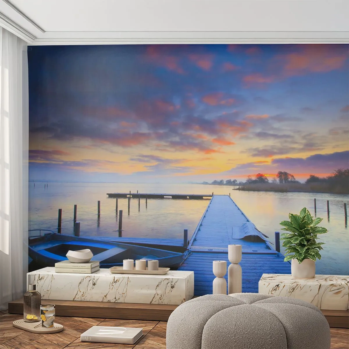Zelfklevend Fotobehang Deluxe Sticker - Violet-gouden kalmte - Landschap, Meer, Boot - 250x175 cm