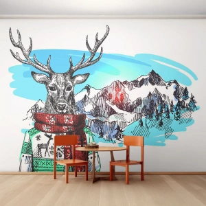 Fotobehang Standard Eco - Een hert in een wintertrui en sjaal tegen een berglandschap - 100x70cm - Zelfs een hert bevriest niet - Moderne wanddecoratie voor woonkamer en slaapkamer ARTTOR