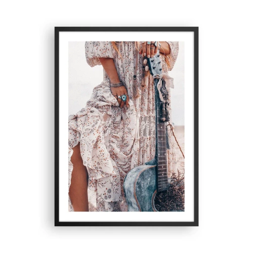 Poster in een zwarte lijst - Een fragment van een jurk met ornamenten en een boho-stijl gitaar - 50x70cm - Kinderen bloemen onderweg - Moderne wanddecoratie voor woonkamer en slaapkamer ARTTOR