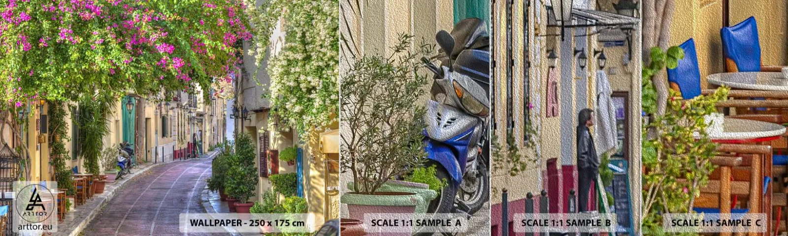 Fotobehang Monster Premium Sand - Bloeiende steeg - Architectuur, Griekenland, Stad - 100x30 cm