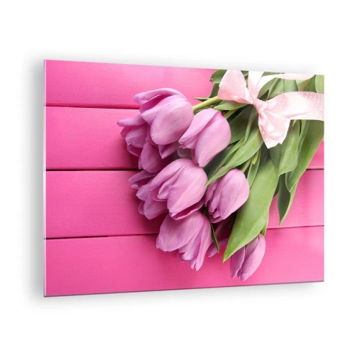 Schilderen op glas - Een boeket roze tulpen op een houten achtergrond - 70x50cm - Enkel voor jou - Moderne wanddecoratie voor woonkamer en slaapkamer ARTTOR