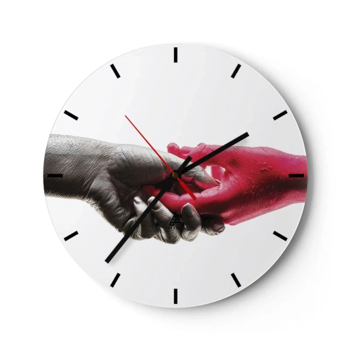 Wandklok - Klok - Symbolische handdruk in zwart en rood - 30x30cm - Samen, hoewel anders - Moderne wanddecoratie voor woonkamer, keuken en slaapkamer ARTTOR