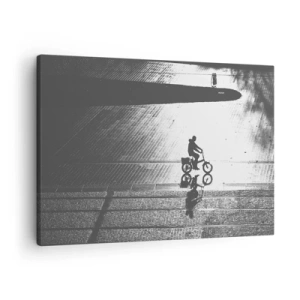 Schilderen op canvas - Zwart-wit silhouet van een fietser op een natte straat - 70x50cm - Voor mij, door de stad - Moderne wanddecoratie voor woonkamer en slaapkamer ARTTOR