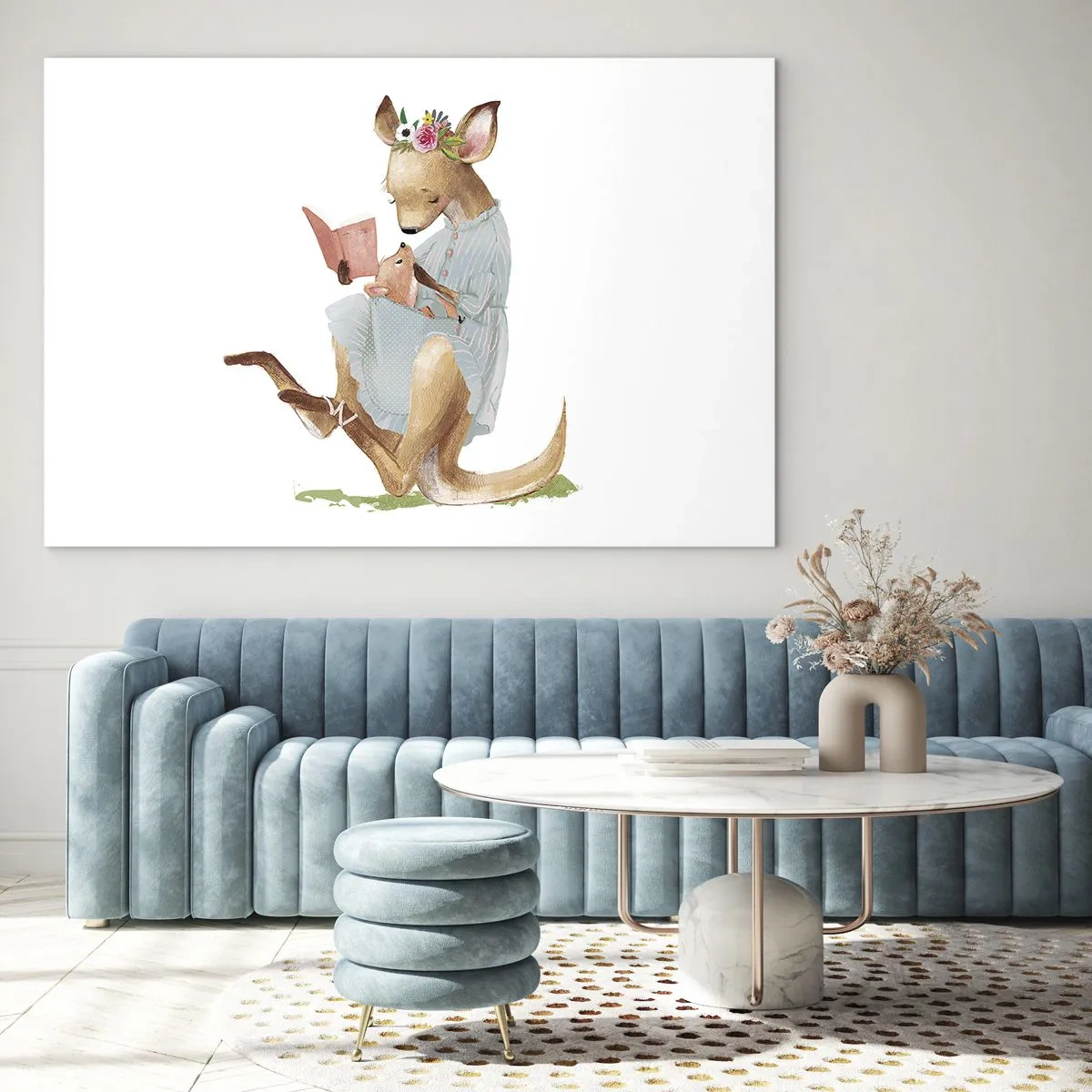 Schilderen op glas - Een moederkangoeroe leest een boek voor aan een babykangoeroe - 70x50cm - Lees me voor mama - Moderne wanddecoratie voor woonkamer en slaapkamer ARTTOR