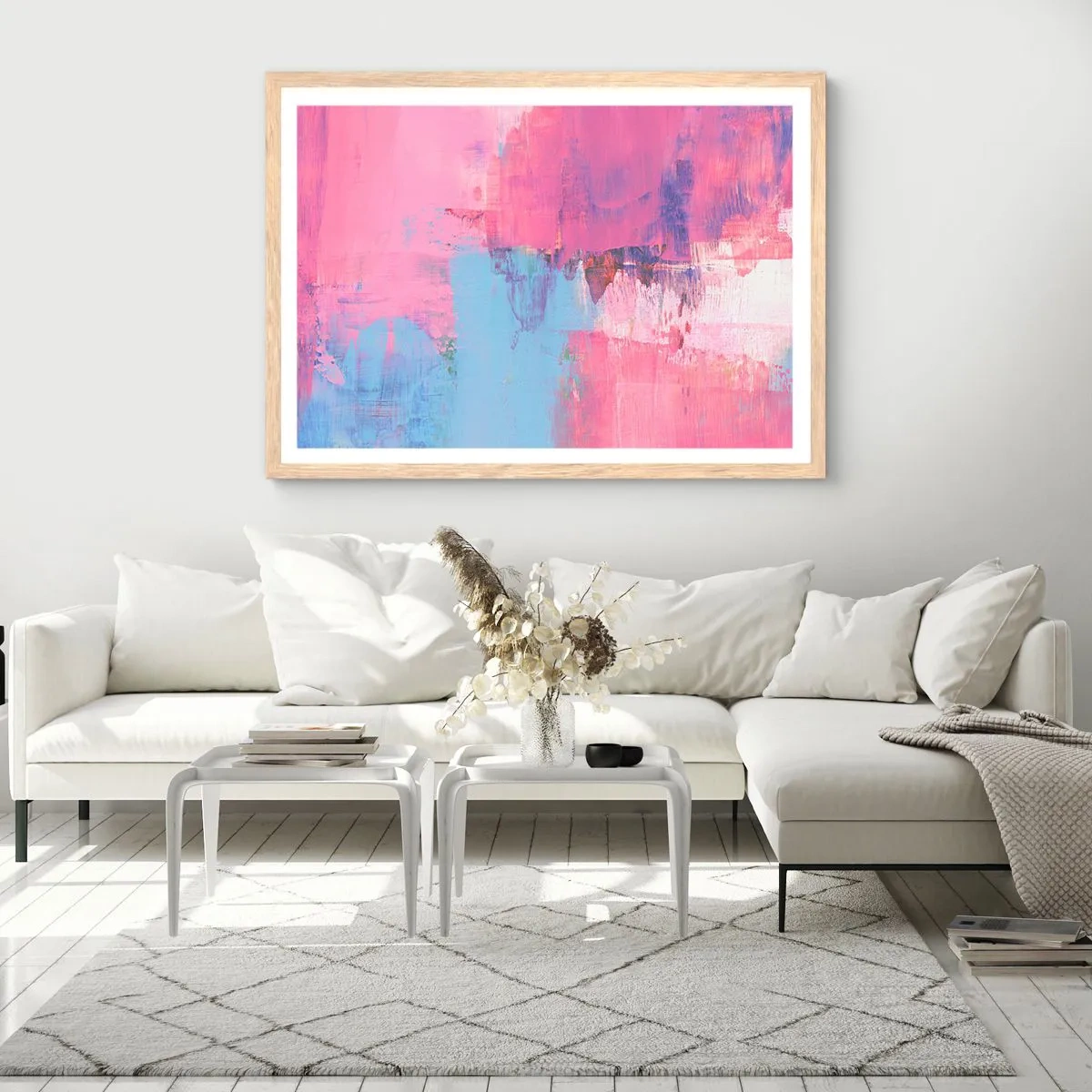 Een poster in een licht eiken lijst - Roze, blauw en een vleugje licht - 70x50 cm