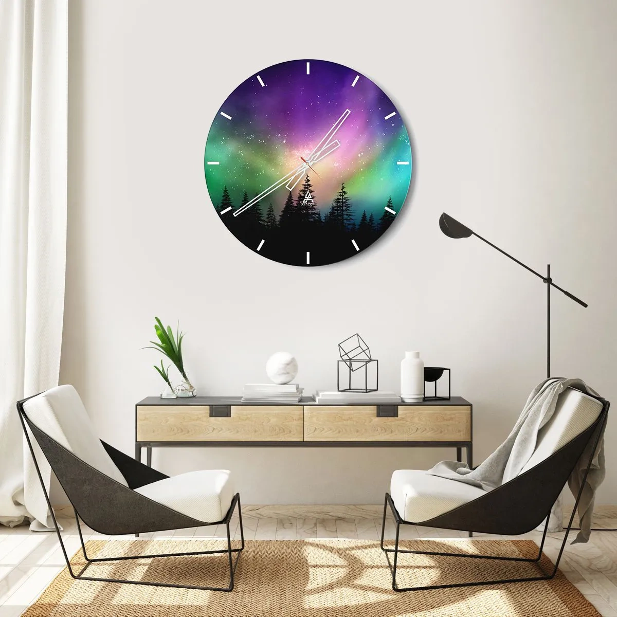 Wandklok - Klok - Aurora Borealis boven het naaldbos - 30x30cm - Witte magie - Moderne wanddecoratie voor woonkamer, keuken en slaapkamer ARTTOR