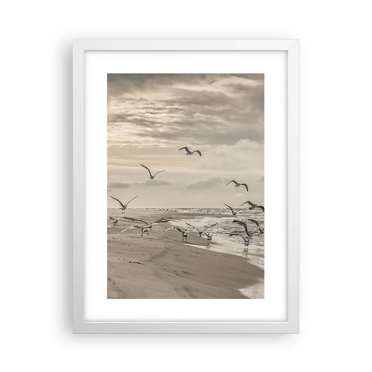 Poster in een witte lijst - Het geluid van de zee, het zingen van vogels - 30x40 cm