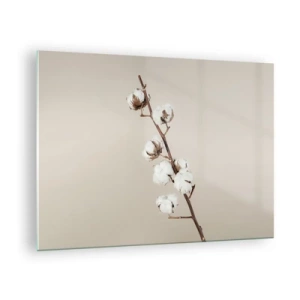 Schilderen op glas - Een takje katoen op een lichte, minimalistische achtergrond - 70x50cm - Aan de bron van zachtheid - Moderne wanddecoratie voor woonkamer en slaapkamer ARTTOR