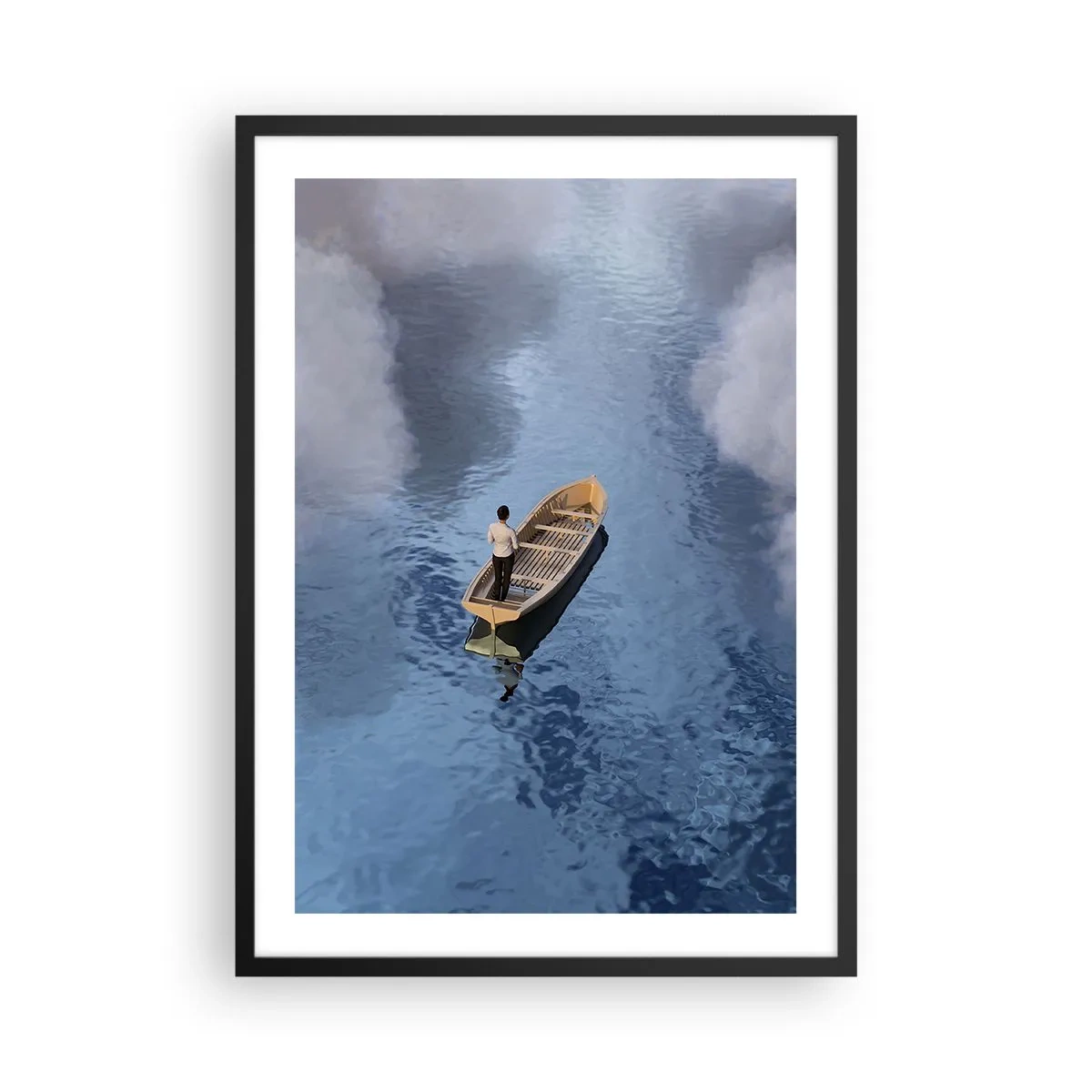 Poster in een zwarte lijst - Een persoon in een bootje dat op het water drijft, waarop de lucht en de wolken worden weerspiegeld. - 50x70cm - Leven – reis – onbekend - Moderne wanddecoratie voor woonkamer en slaapkamer ARTTOR